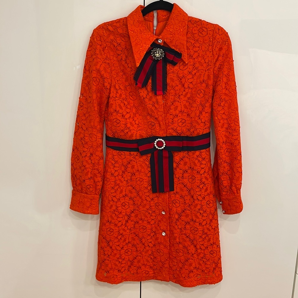 Gucci Orange Lace Bow Crystal Buttons dress